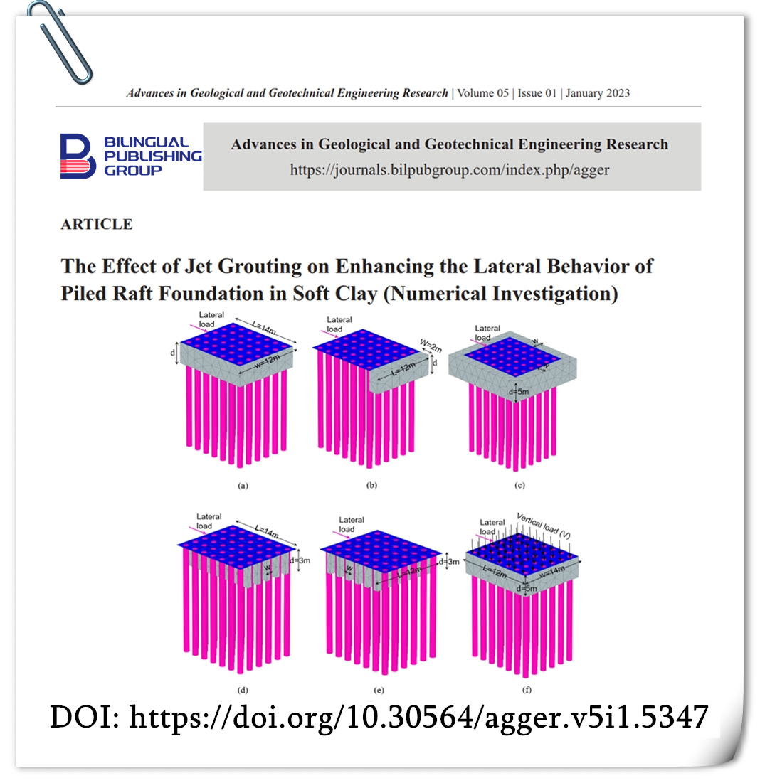 The Effect of Jet Grouting on Enhancing the Lateral Behavior of Piled Raft Foundation in Soft Clay (Numerical Investigation)
Keywords: #Finite #element #analysis; #Plaxis 3D; #Lateral #bearing #capacity; #Jet #grouting; #Soil #improvement
DOI: doi.org/10.30564/agger…