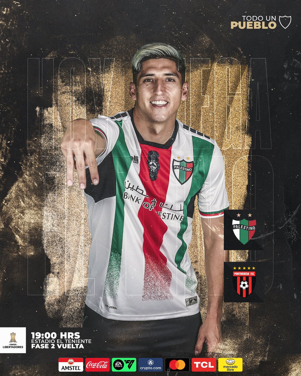 CDPalestinoSADP's tweet photo. 𝗙𝗔𝗦𝗘 2️⃣ • 𝗩𝗨𝗘𝗟𝗧𝗔

🆚 Portuguesa 🇻🇪 
🏆 Copa CONMEBOL Libertadores
⏰ 19:00 🇨🇱 / 00:00 🇵🇸 
🏟️ El Teniente, Rancagua
📺 ESPN / FoxSports / Star+

Hoy saltamos a la cancha, con el apoyo de #TodoUnPueblo 🇵🇸 https://t.co/AixDtCihRN