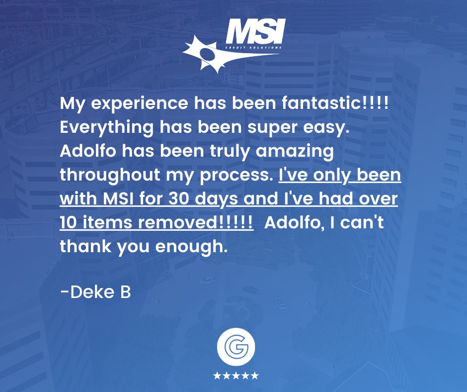 Transforming Lives, One Success Story at a Time! 🚀💙 In just 30 days, our incredible client experienced an extraordinary journey with MSI Credit Solutions. 🌟 MSI's expertise and dedication led to the removal of over 10 items, paving the way for a brighter credit future! 🌐💪