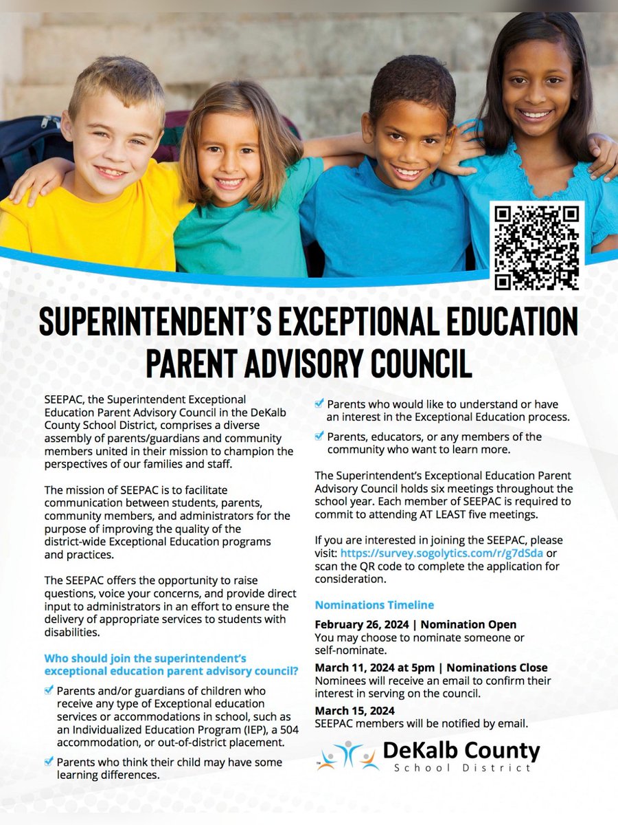 📢 #DCSD is looking for parents & guardians to join SEEPAC today! Help us champion the mission of exceptional education. 🏫💡 👉 Apply now: survey.sogolytics.com/r/g7dSda or scan the QR code Nominations close on March 11 – let’s make an impact! #DisruptingForExcellence #iLoveDCSD💙🧡