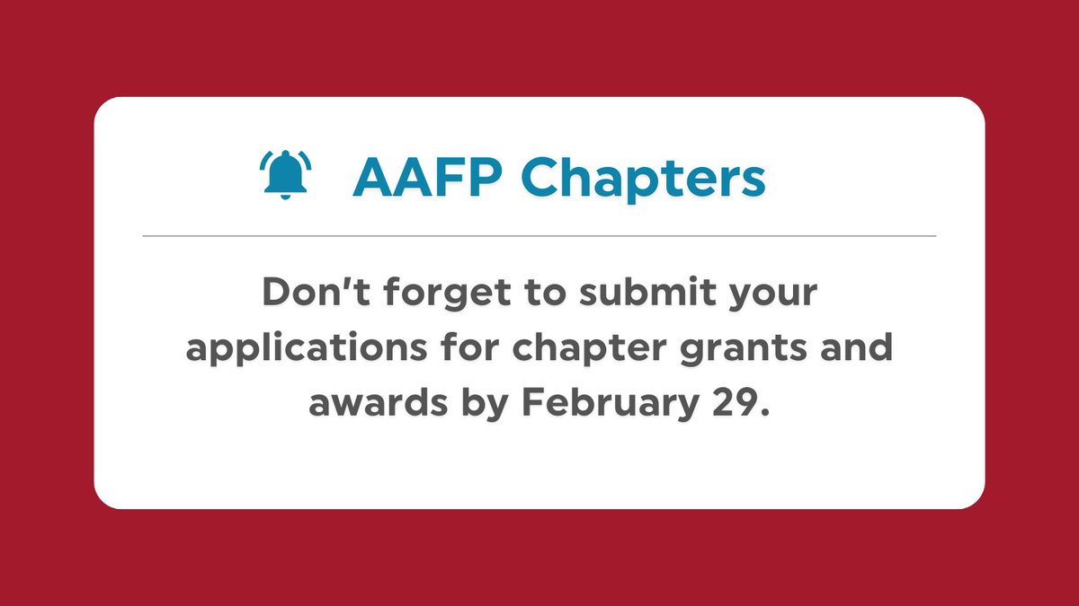 Calling all AAFP chapters: The deadline is quickly approaching for Chapter Grants and Awards! Be sure to submit your applications by February 29: 🔹 Learn more about grant awards: bit.ly/3Hge6s3 🔹 Learn more about engagement grants: bit.ly/3GxafXG