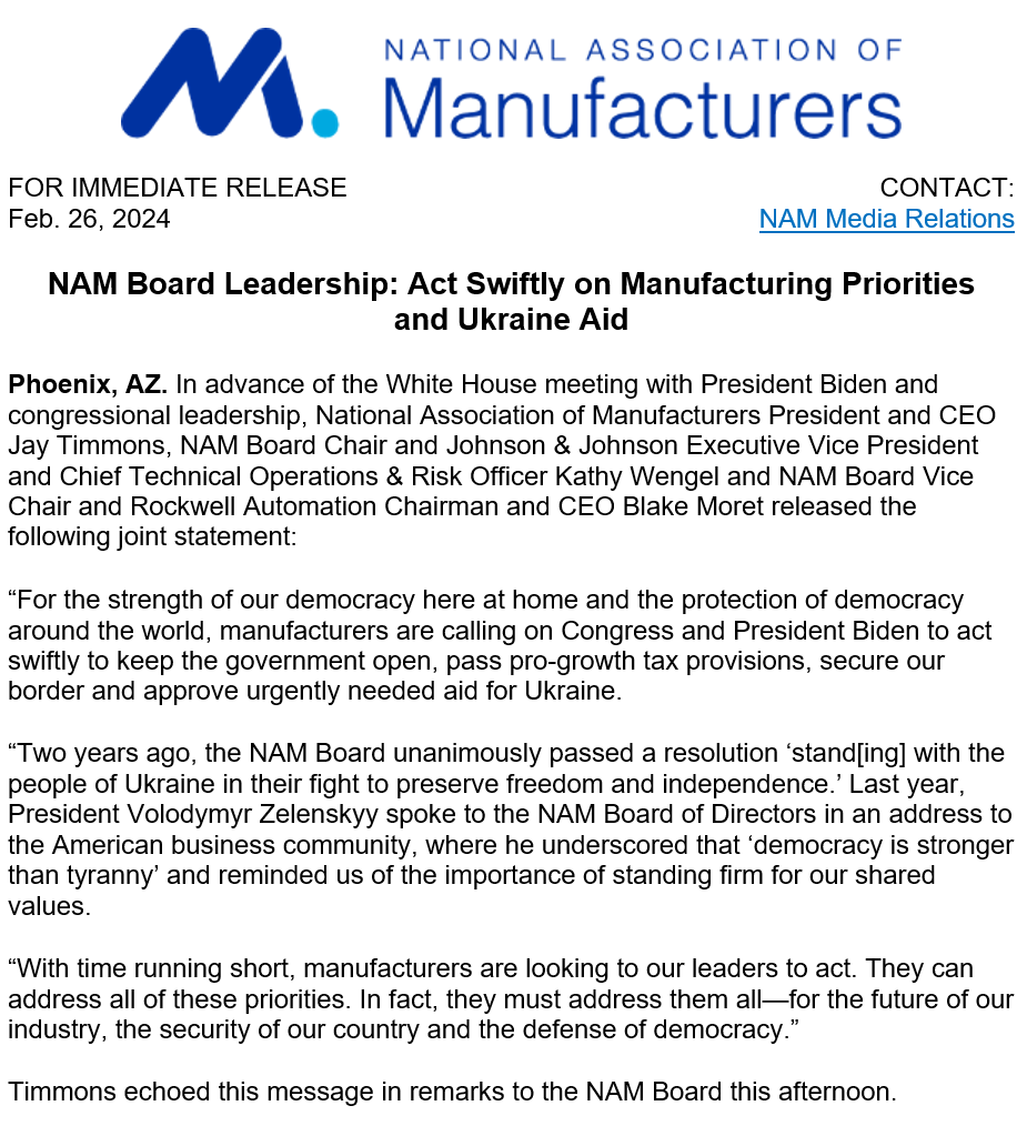 In advance of the White House meeting with <a href="/POTUS/">President Donald J. Trump</a> and congressional leadership, <a href="/JayTimmonsNAM/">Jay Timmons</a>, NAM Board Chair Kathy Wengel and NAM Board Vice Chair Blake Moret released the following joint statement: nam.org/nam-board-lead…