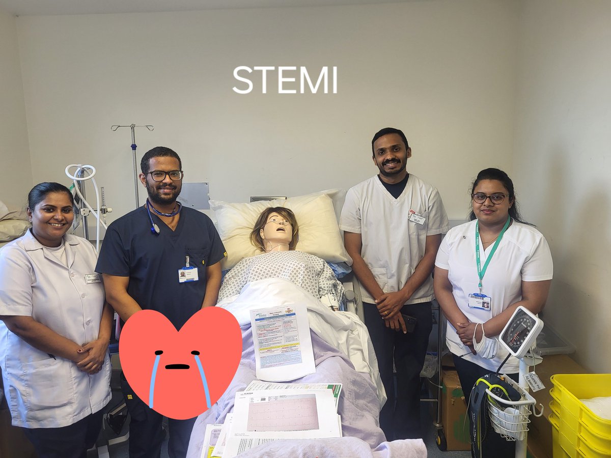 The acute management of ST-segment-elevation myocardial infarction: STEMI 😰🫀⏳️💊💉☎️🚑
Quick recognition,  assessment &amp; management #CodeSTEMI by @MUH staff today (Multiple Ward Participants). Interprofessional participants &amp; debriefing team. #MedicalNCHDs #Anaesthetics