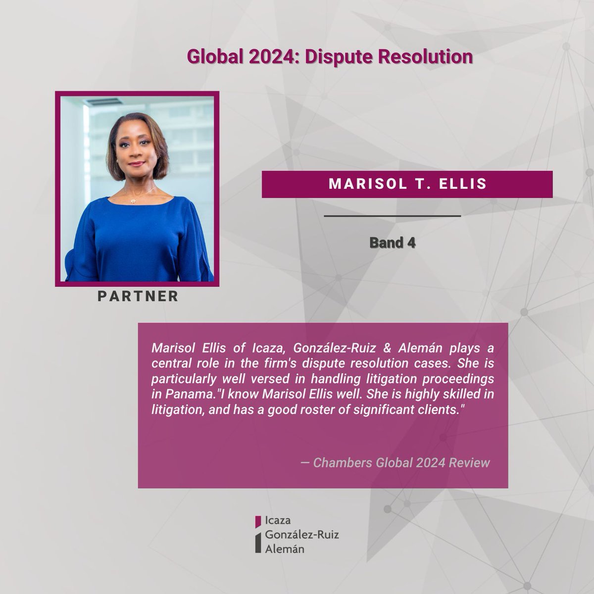 Nos complace compartir que nuestra socia Marisol Ellis del departamento de Resolución de Conflictos ha sido distinguida nuevamente por su excelencia profesional por Chambers Global 2024.

#Icazalaw #ChambersGlobal2024 #DisputeResolution #ADR