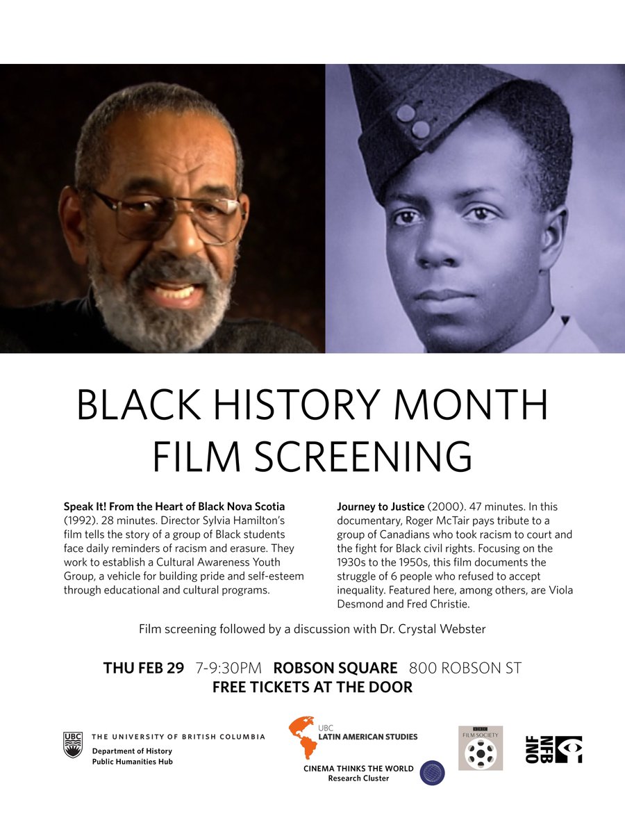 Join us for a film screening on Thursday at <a href="/UBCRobsonSquare/">UBC Robson Square</a> for two <a href="/thenfb/">National Film Board of Canada</a> films as part of Black History Month. <a href="/UBC_PH/">UBC Public Humanities</a> <a href="/UBC_History/">UBC History</a> <a href="/UBC_Arts/">UBC Faculty of Arts</a> <a href="/ubclas/">UBC Lat Am Studies</a>  Speak It! From the Heart of Black Nova Scotia (1992) and Journey to Justice (2000). Free admission. All are welcome.