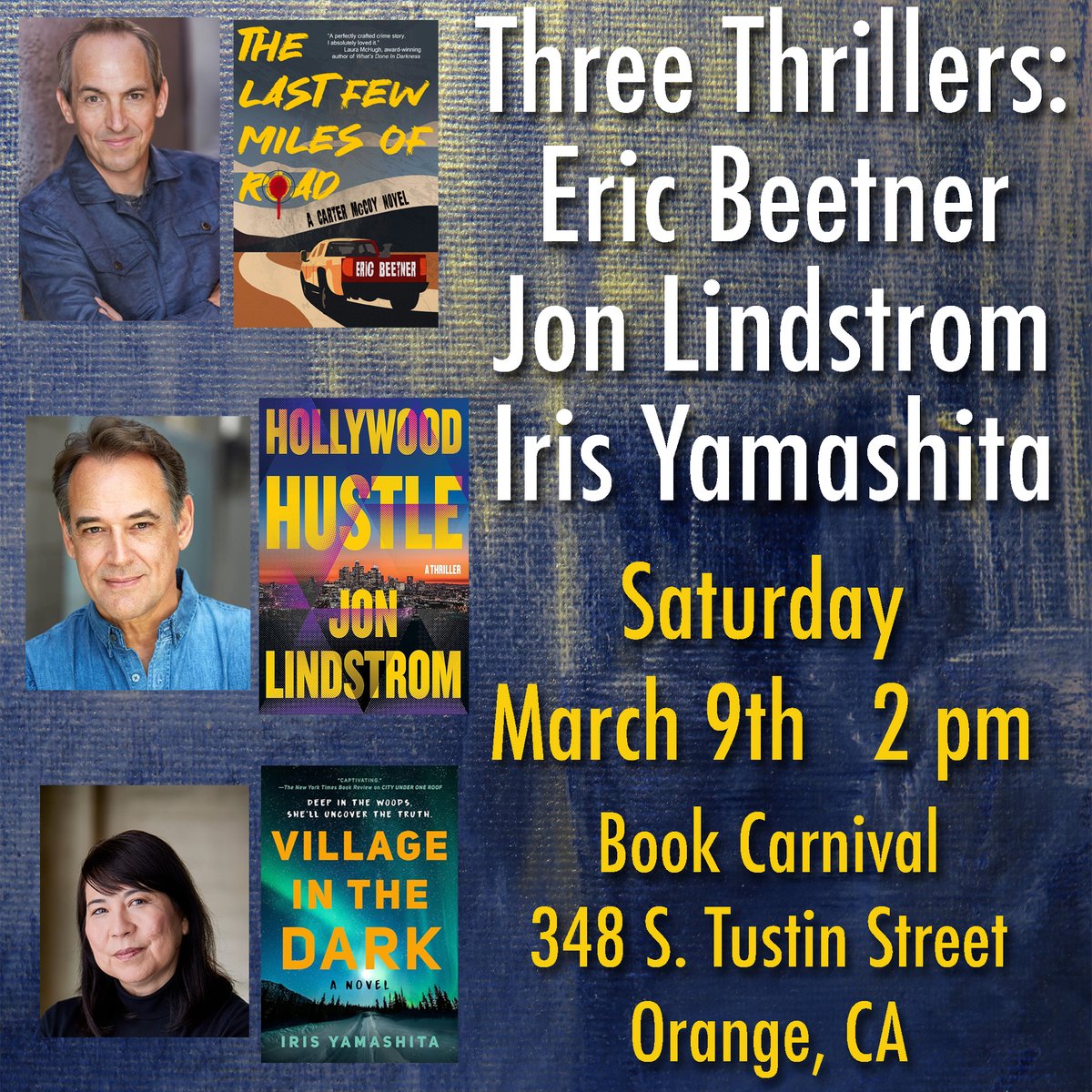 Now that the first event is done for The Last Few Miles Of Road, we move on to the next one- March 9th at Book Carnival in Orange with @thejonlindstrom and @IrisYamashita
