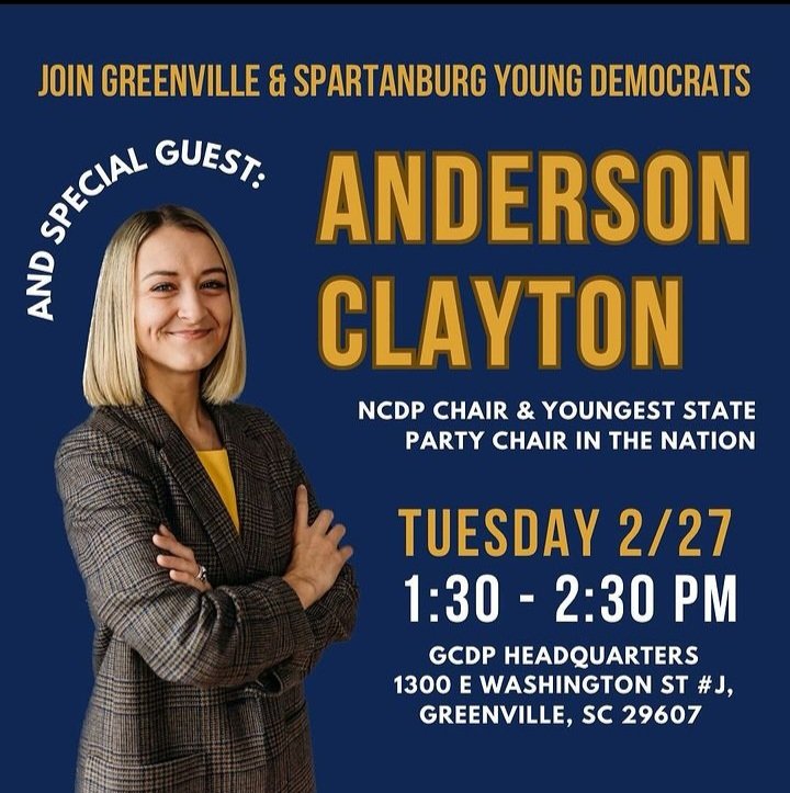 Really honored that @NCDemParty Chair @ABreezeClayton, the youngest person ever to be elected chair of a state political party, will be joining us and @YDGreenville. You don't want to miss this. #YoungGetsItDone #YoungDemsOfTheCarolinas #NCpol #SCpol #yeahThatGreenville #HubCity