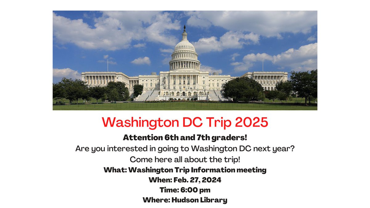 ❤️🖤❤️🖤 Parents of 6th and 7th Graders: If your student is interested in attending the Washington DC Trip of 2025, please attend the information meeting tomorrow at 6 PM in the Hudson Library.  Reach out to Mrs. Smith (LNSmith@garlandisd.net) with any questions. ❤️🖤❤️🖤