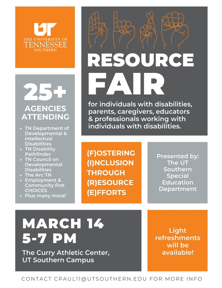 UT_Southern's tweet photo. Join us for our 2nd Annual FIRE Resource Fair - for those with disabilities, caregivers, parents, educators & professionals working with individuals with disabilities. #UTSouthern #DisabilityAwareness 🧡 https://t.co/miskPkRrWK