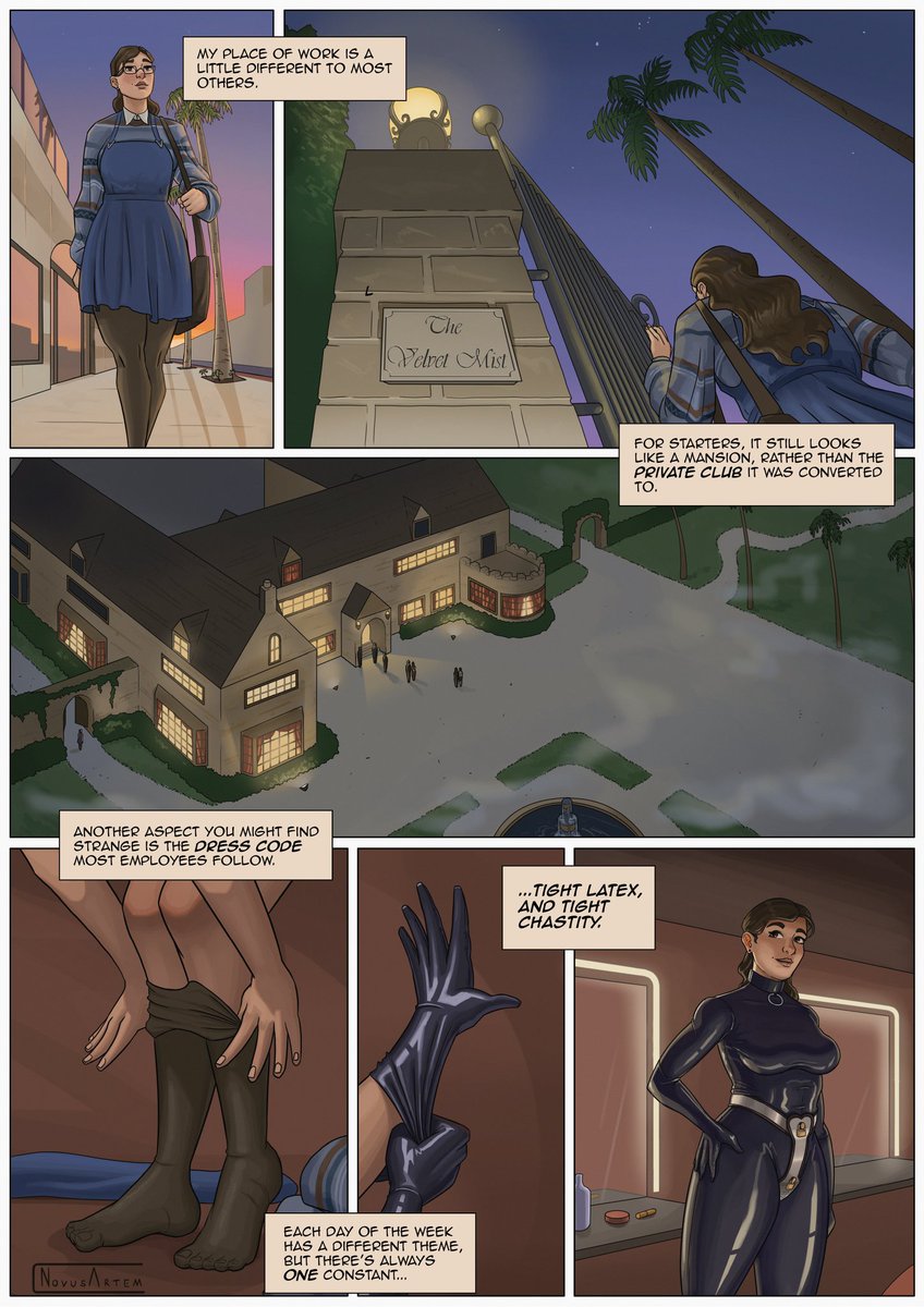 Part 1 of an eventual 3 page comic commissioned by @TheChadBudd about a mysterious club catering to those with 'spicier' tastes: The Velvet Mist.