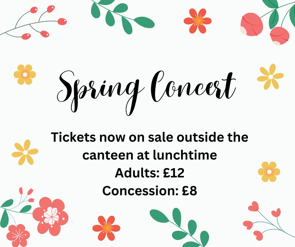 We are really looking forward to our Spring Concert! Tickets now on sale outside the canteen at lunchtime!