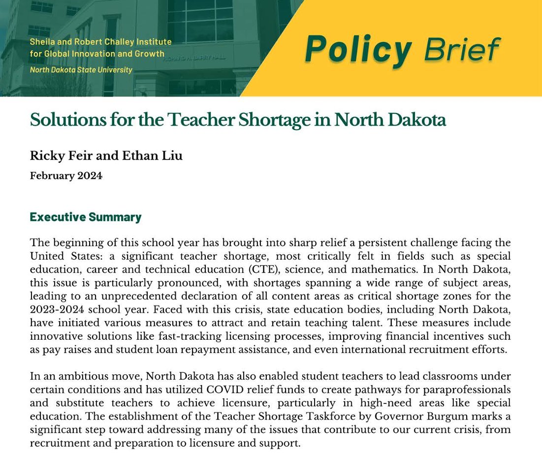 Explore the potential of a variety of solutions to improve the teacher shortage in North Dakota by reading our newest Policy Brief, written by our Research Specialists, <a href="/rickyfeir/">Ricky Feir</a> and Jiawei Liu.

ndsu.edu/fileadmin/chal…