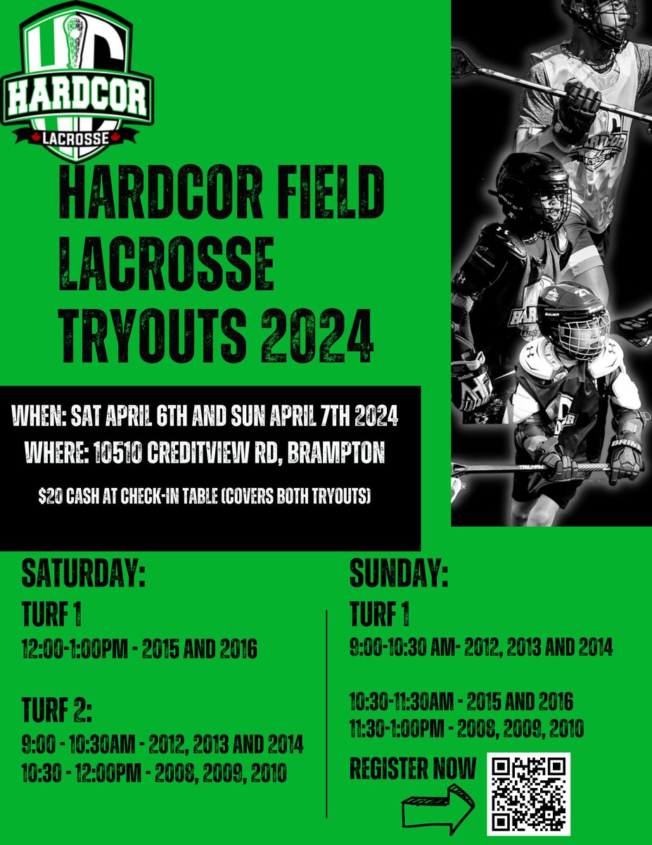 Summer Field Tryouts have been announced! See our website for details or scan the QR code below!  Must register prior to attending.

April 6th and 7th at Creditview Fields in Brampton

$20 cash at the check in table on the day of tryouts (will cover both)

hardcorlacrosse.com/summer-travel-…