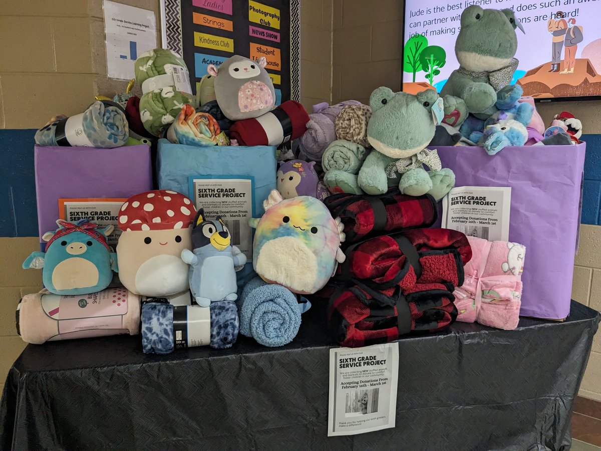We are so proud of our sixth grade students! They are collecting blankets &amp; stuffed animals for foster kids in our community!! #serviceproject #leadership #communityleaders <a href="/AlvatonElem/">Alvaton Elementary</a> <a href="/HammerAdara/">Adara Hammer</a> <a href="/Gaddie6th/">Ashley Gaddie</a> <a href="/MrT6th/">Steven Theirl</a>
