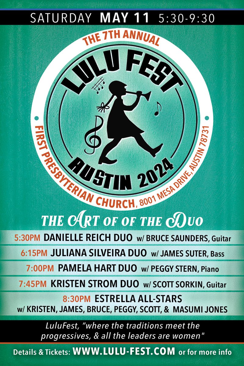 LuLuFestATX's tweet photo. Lineup for the 7th @LuLuFestATX May 11, 2024! Get tix now https://t.co/HaSCv7cHar

"The Art of the Duo" ft:
@danireich w/@bsaunderz
Juliana Silveira w/James Suter
Pamela Hart w/@peggy_piano
Kristen Strom w/Scott Sorkin
&amp; the Estrella All-Stars

#womeninjazz #musicfestival #Austin https://t.co/2NYwrHWUX5