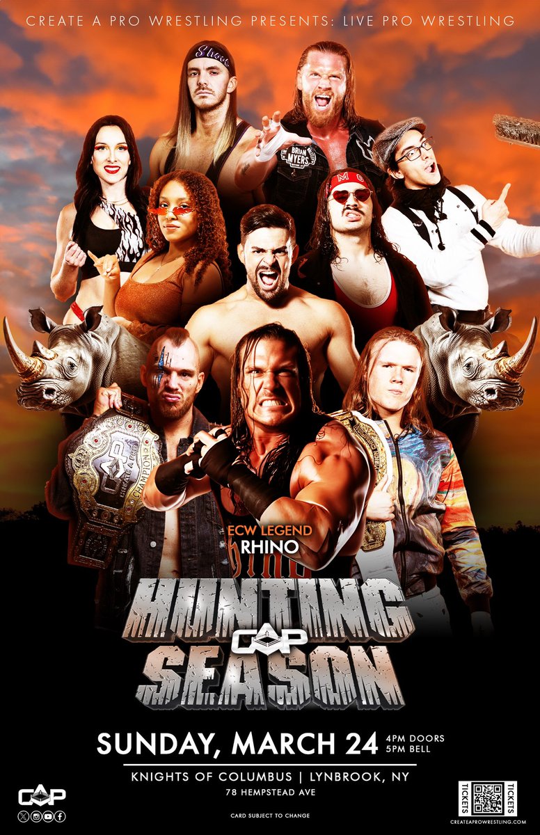 CreateAPro's tweet photo. 🚨TICKETS ON SALE NOW🚨
Create A Pro returns to Lynbrook, NY on 3/24 for #CAPHuntingSeason!
Featuring:
• @Rhyno313
• @Myers_Wrestling
• @PerfectAaron1
• @AvaEverett_
• @dante_drago
• @JakeLangArtist
• @Nat_Castle_
• @isThatVsK
and MORE
🎟GET TICKETS AT LINK BELOW🎟 https://t.co/AxSEvZrn5e