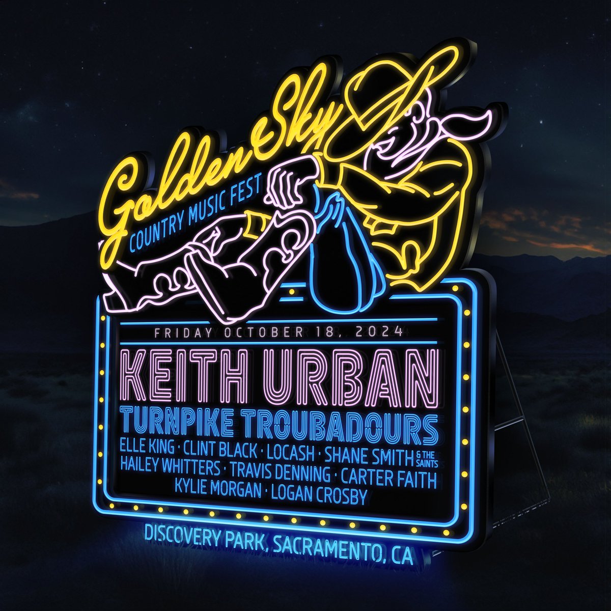 Get ready for a Friday at GoldenSky like no other! We’re bringing a stellar lineup straight to you with the likes of @KeithUrban, @TpTroubadours, @ElleKingMusic, @Clint_Black, @LOCASHmusic, and a whole lineup of stars set to light up the stage. Which act are you counting the…