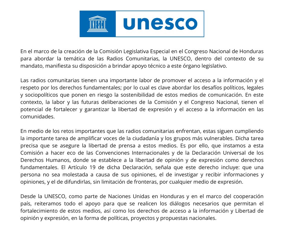 En relación a la creación de Comisión Legislativa Especial en el Congreso Nacional de Honduras, UNESCO San José, oficina regional con representación para Honduras, hace la siguiente declaración: ⬇️