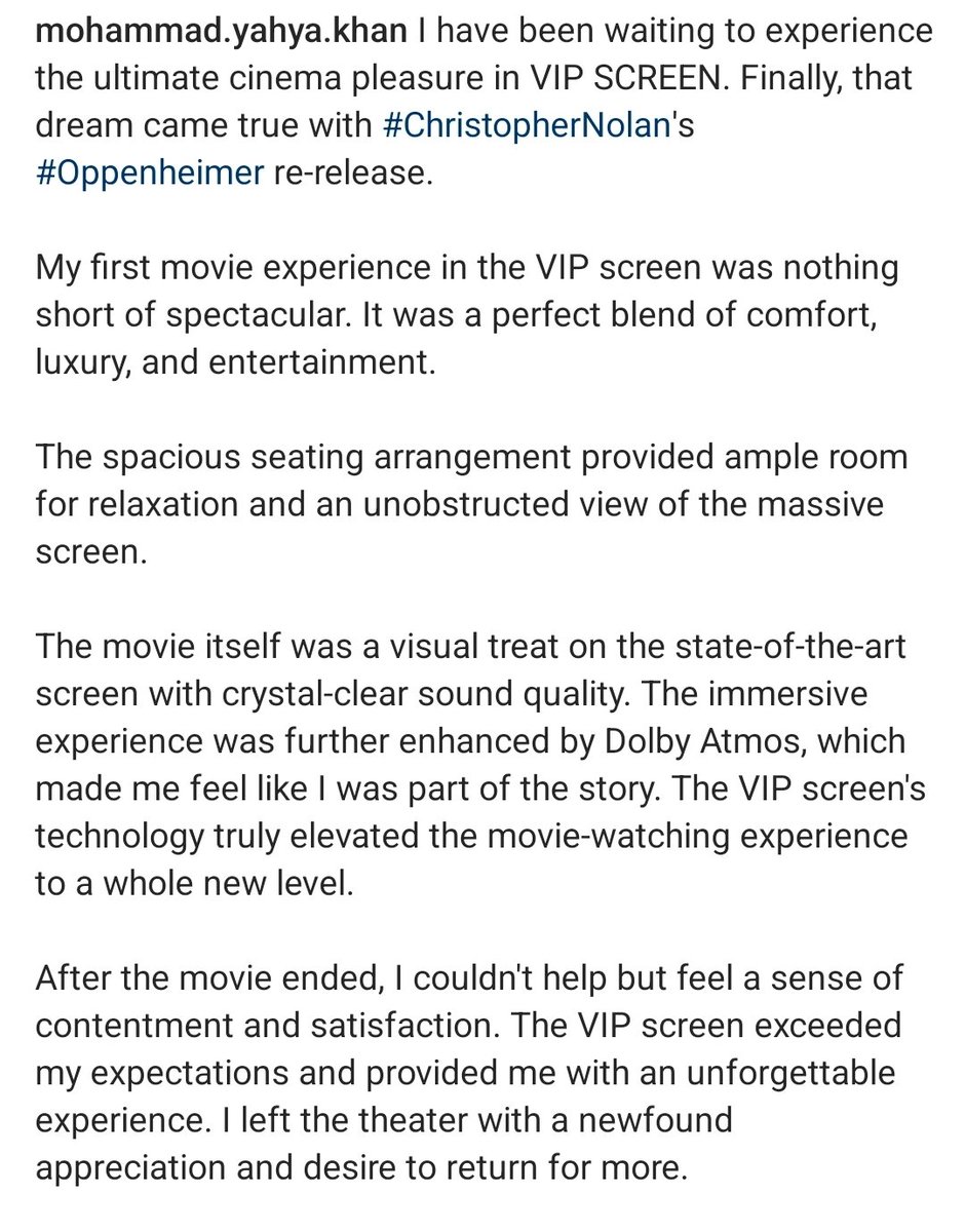 YKhan96's tweet photo. With @amb_cinemas #VIPscreen experience, #Oppenheimer is my 2nd highest watched film in theaters (15 times).
11× in 2023
6x IMAX with LASER
1x IMAX
3x Prasads Large Screen
1x AMB Barco Flagship Laser Projection
4x in 2024
2x Prasads Large Screen
1x AMB 4K
1x AMB VIP SCREEN https://t.co/4naaSPtnEP