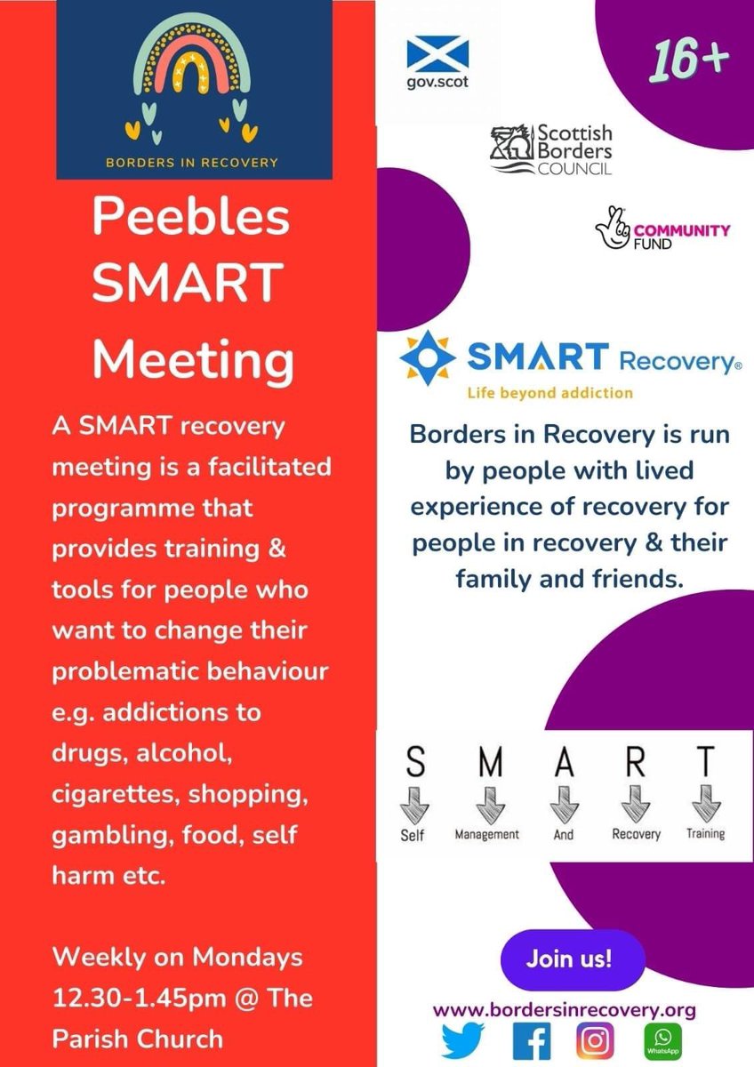 Well done to our Helen for facilitating her first SMART meeting in Peebles 🌈💜 #smartrecoveryscotland #livedexperience #ScottishBorders #makingrecoveryvisible @caddygirl46 @doig_fiona @ChrisMyers_UK @ralphroberts1 @louisestewart80 @NHSBorders @WeAreWithYou