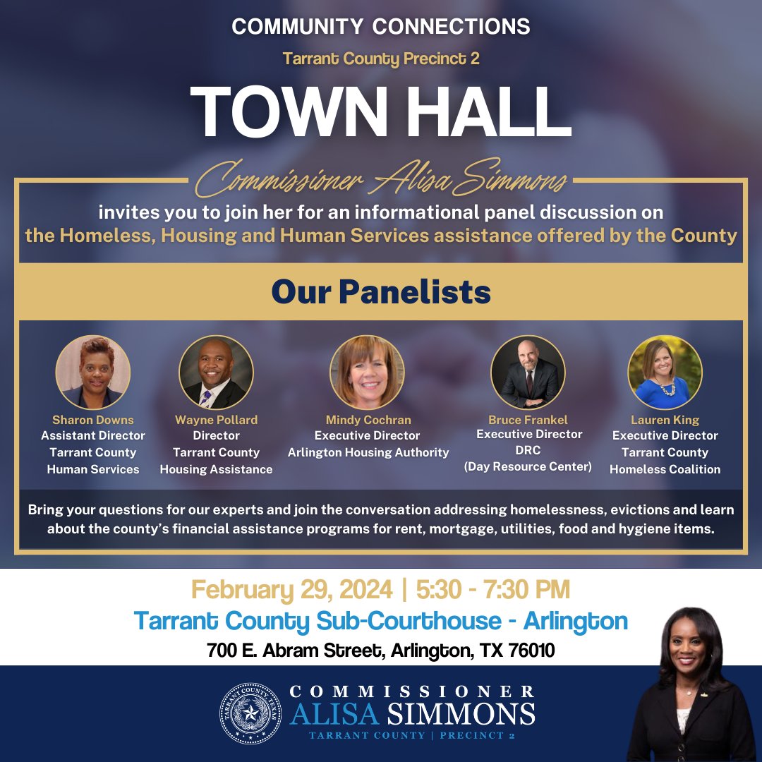 Precinct 2 invites you to their next Town Hall discussion on homelessness, housing and human services. Location: Arlington Sub-Courthouse Date: 02/29/2024 Time: 5:30pm-7:30pm click on the link for FREE event registration ow.ly/fMRv50QI3ay