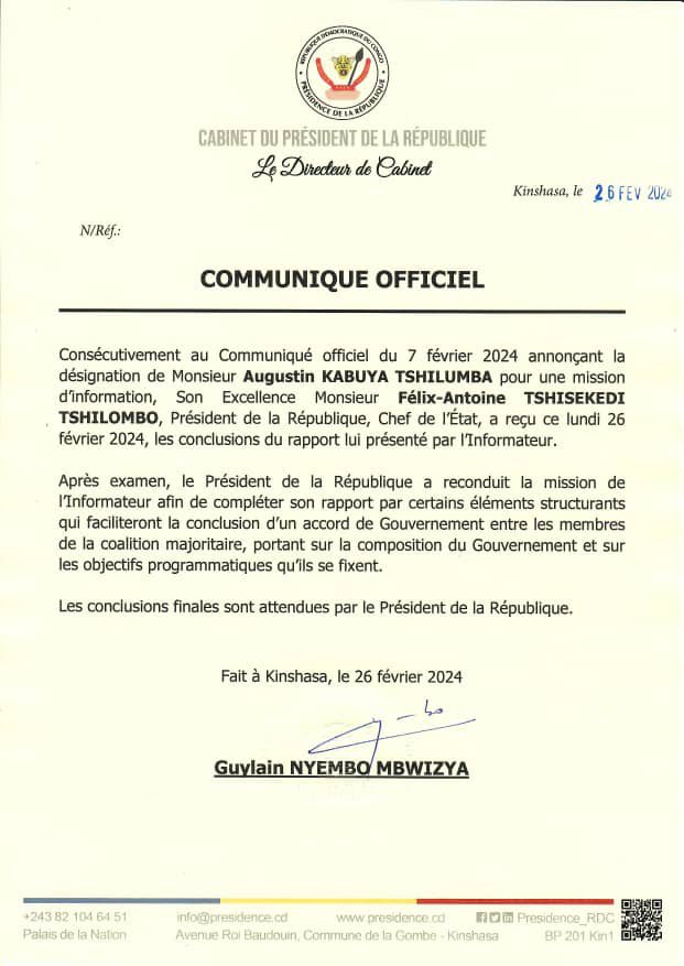 Après avoir achevé avec succès sa mission d'identifier la majorité parlementaire,l'Hon <a href="/AugustinKabuyaT/">Augustin KABUYA</a> se voit confier, par le Pr <a href="/fatshi13/">Félix A. Tshisekedi</a>,une seconde mission spéciale,celle de constituer "des éléments structurants qui faciliteront la composition du nouveau Gouvernement".