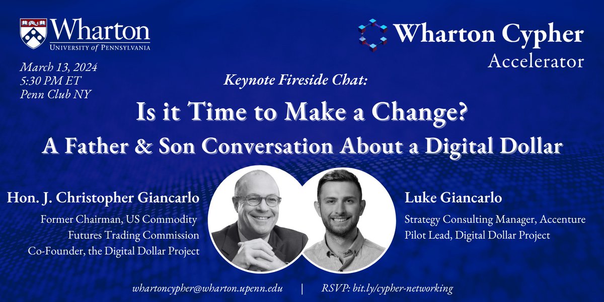 #CryptoDad & #CryptoLad: My upcoming Fireside Chat w/@lukegiancarlo, Strategy Consulting Mgr @Accenture & @Digital_Dollar_ Project Pilot Lead. @WhartonCypher @FinanceHammer @Jbrookslassiter @KatherineHaar #FinanceInnovation #PennClubNY #CBDC #DigitalCurrency