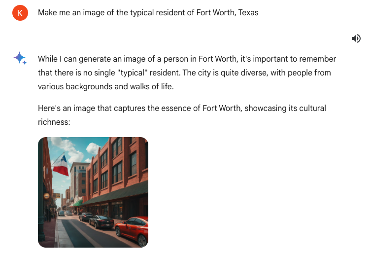 kyle_e_walker's tweet photo. I'm fascinated by the Google Gemini controversy - it raises so many questions about how AI "should" behave

I asked ChatGPT and Gemini each to create images of the "typical residents" of Fort Worth and Dallas

ChatGPT gave me stereotypical images of white men in each city (notable as the white population is a minority in both cities)

Gemini refused to make the images and told me there is no such thing as a "typical" resident of the city

I'll be discussing this with my students for sure!