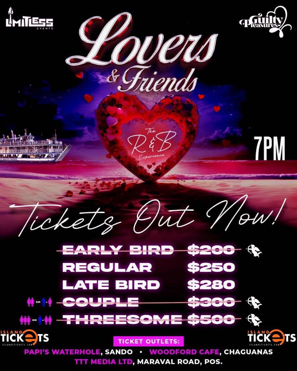 Online &amp; Physical Tickets are now available via:

•islandetickets.com 
•Ticket Outlets
•Committee Members 

Lovers &amp; Friends - The R&amp;B Experience♥️
🌹April 6th ‘24
🌹Harbour Master
🌹7pm
🌹Dresscode: Chic ✨ 
🌹No Over-Sized Coolers

#LimitlessEventsTT #GuiltyPleasures14