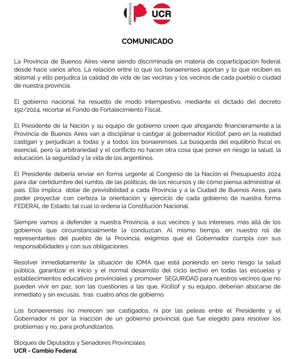 Comunicado de los Bloques de Diputados y Senadores Provinciales UCR - Cambio Federal I La Provincia de Buenos Aires viene siendo discriminada en materia de coparticipación federal desde hace varios años. La relación entre lo que los bonaerenses aportan y lo que reciben es abismal