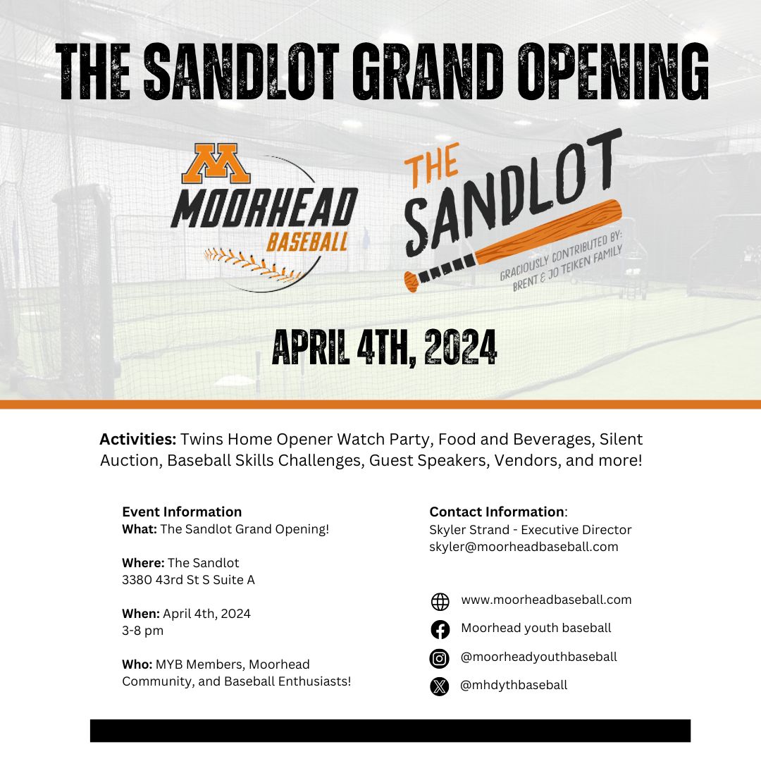MhdYthBaseball's tweet image. 📅 Save the Date 📅

Moorhead Youth Baseball is excited to announce our Grand Opening of The Sandlot! We want to invite our entire community to visit our new facility and build excitement for the upcoming season!

For more information, reach out to skyler@moorheadbaseball.com