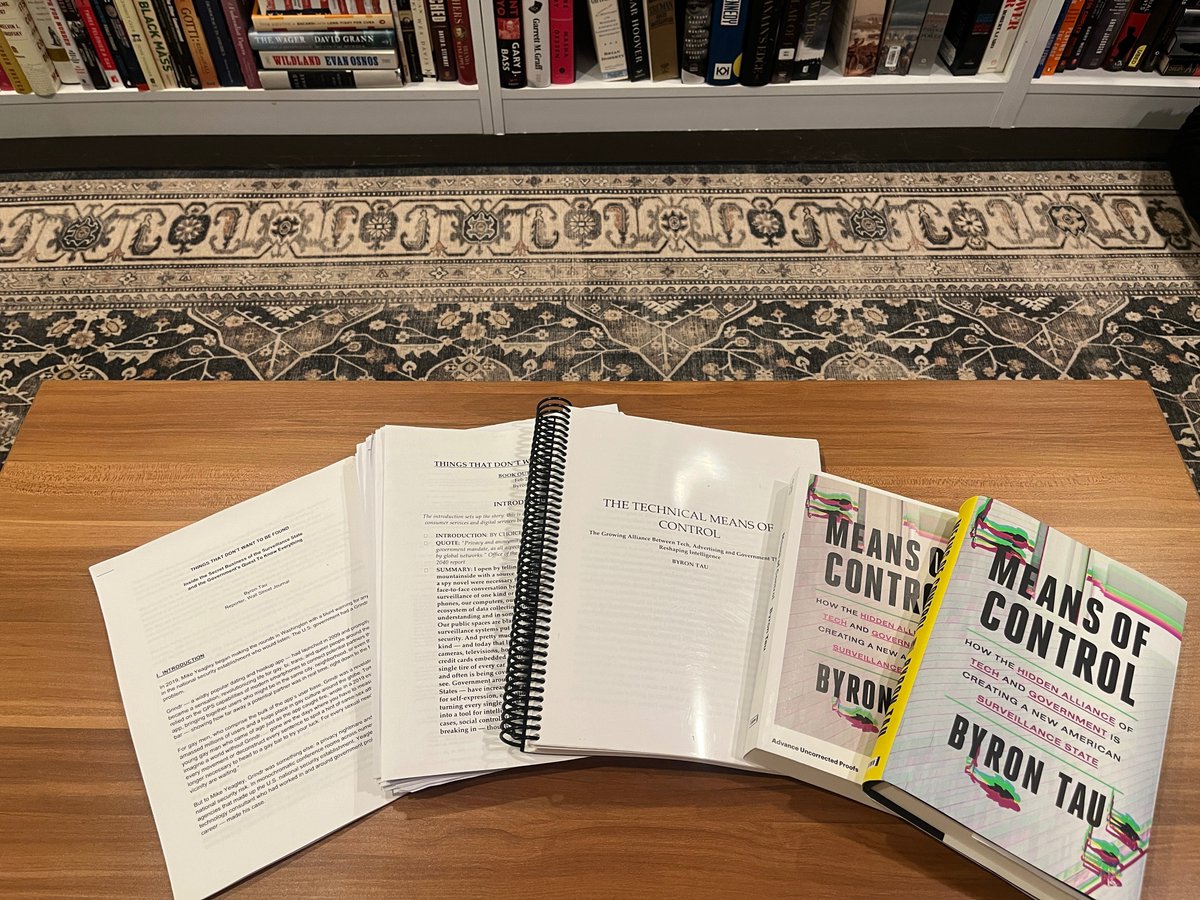 It's publication day for Means of Control. penguinrandomhouse.com/books/706321/m… Here it is at every stage. From left to right: June 2021 book proposal, Jan 2022 outline and reporting plan, October 2022 first draft, Fall 2023 galley and then the finished book. On shelves today!