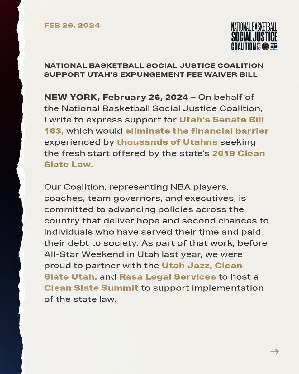 NBACoalition's tweet photo. The Coalition is pleased to support Utah’s Senate Bill 163, which would remove financial barriers to expungement, impacting thousands of Utahns. Read our letter here. #SecondChances #CleanSlateUT @CleanSlateUtah @RasaLegal https://t.co/7L6H9yX3k9