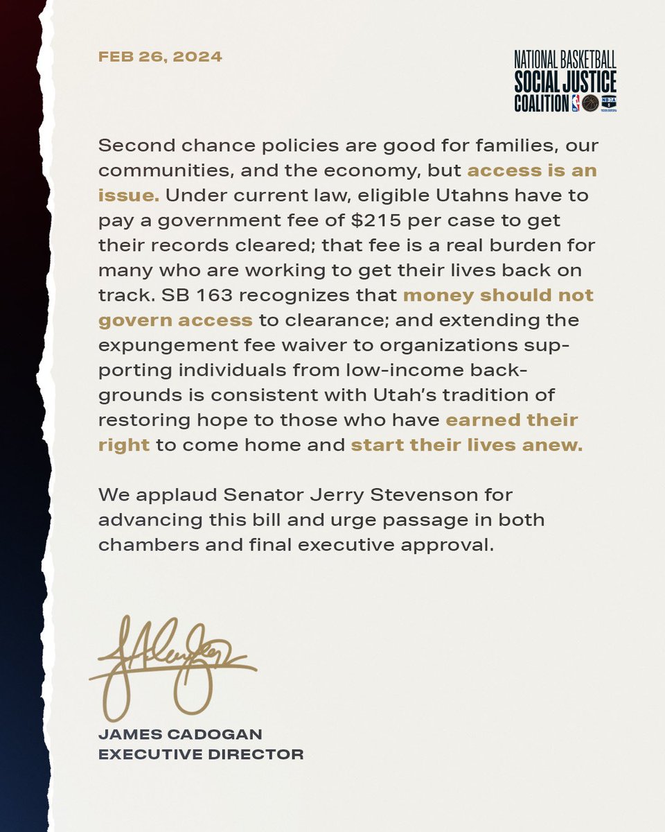 NBACoalition's tweet photo. The Coalition is pleased to support Utah’s Senate Bill 163, which would remove financial barriers to expungement, impacting thousands of Utahns. Read our letter here. #SecondChances #CleanSlateUT @CleanSlateUtah @RasaLegal https://t.co/7L6H9yX3k9