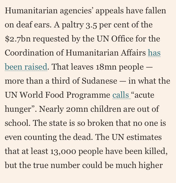 Thank you to the @FT for highlighting the world’s largest humanitarian crisis. For which the @UN appeal has raised 3.5% of its target. That’s not a typo: 3.5% It’s Sudan. on.ft.com/3wsKs0x