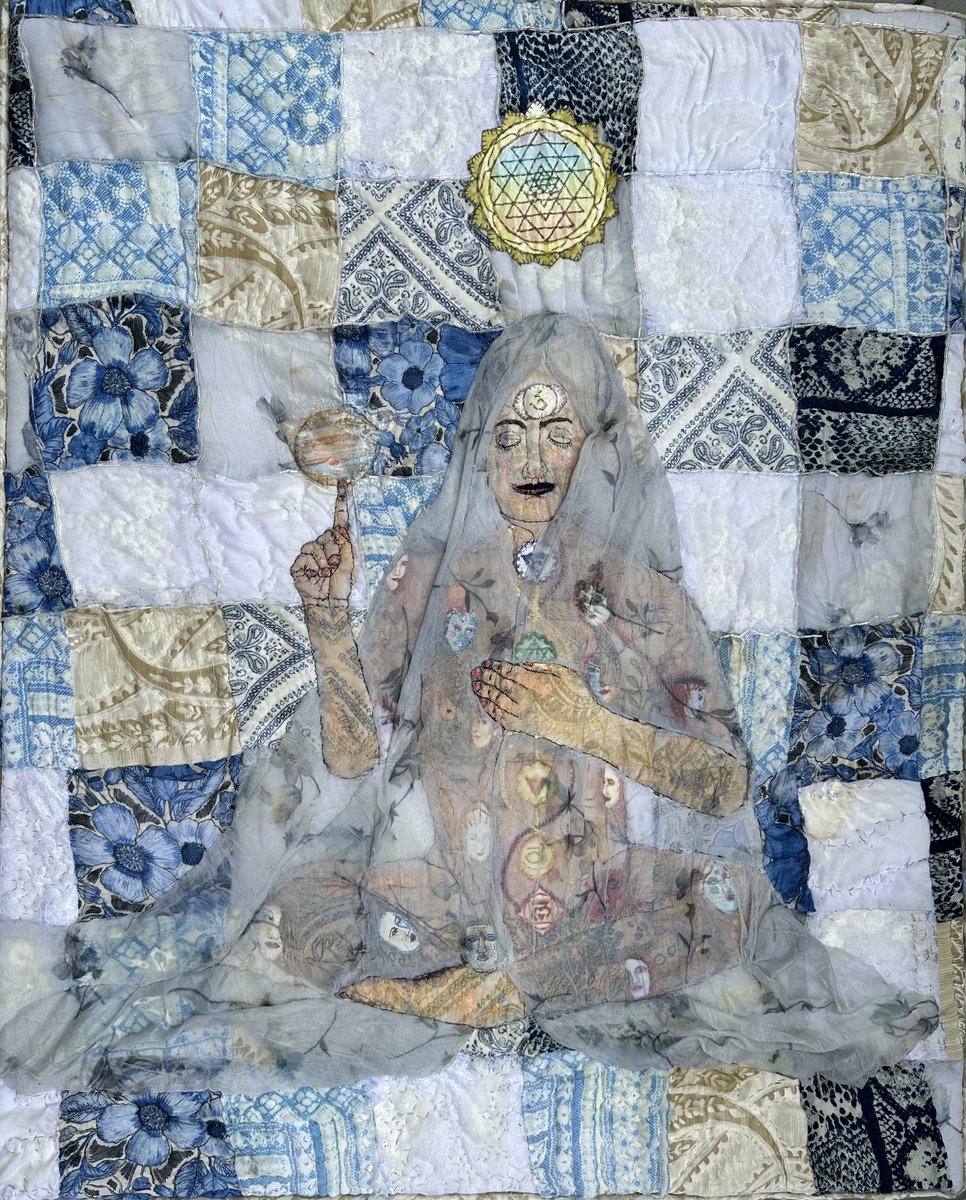 DncingKrowStdio's tweet photo. New art by Karen Schuman, 'Meditation on Compassion.'  Inspired by Kundalini yoga, a quilt with fabric photo transfers, appliqué and embroidery coming together in a 30”x24” piece. Let us connect on a deeper level and find unity in our shared humanity. https://t.co/10nCX4EBKQ