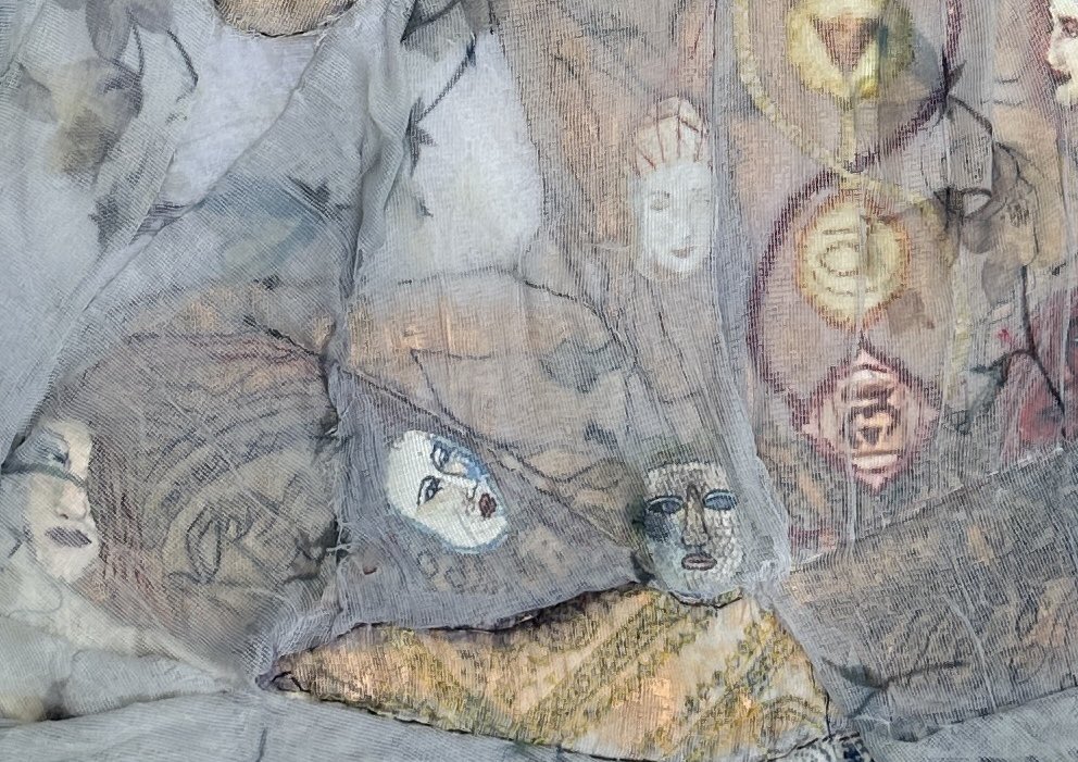 DncingKrowStdio's tweet photo. New art by Karen Schuman, 'Meditation on Compassion.'  Inspired by Kundalini yoga, a quilt with fabric photo transfers, appliqué and embroidery coming together in a 30”x24” piece. Let us connect on a deeper level and find unity in our shared humanity. https://t.co/10nCX4EBKQ