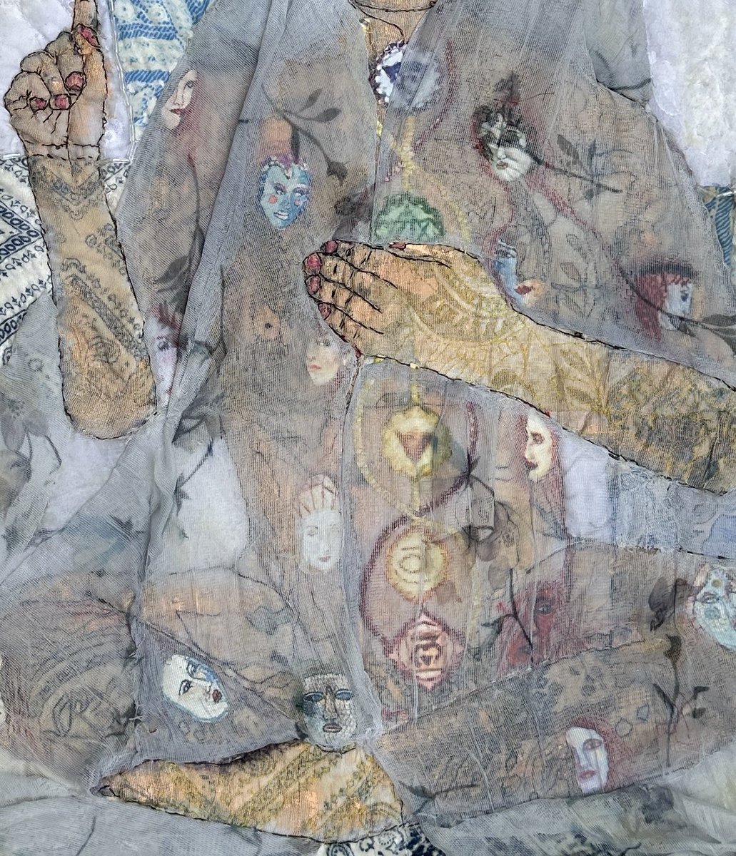 DncingKrowStdio's tweet photo. New art by Karen Schuman, 'Meditation on Compassion.'  Inspired by Kundalini yoga, a quilt with fabric photo transfers, appliqué and embroidery coming together in a 30”x24” piece. Let us connect on a deeper level and find unity in our shared humanity. https://t.co/10nCX4EBKQ
