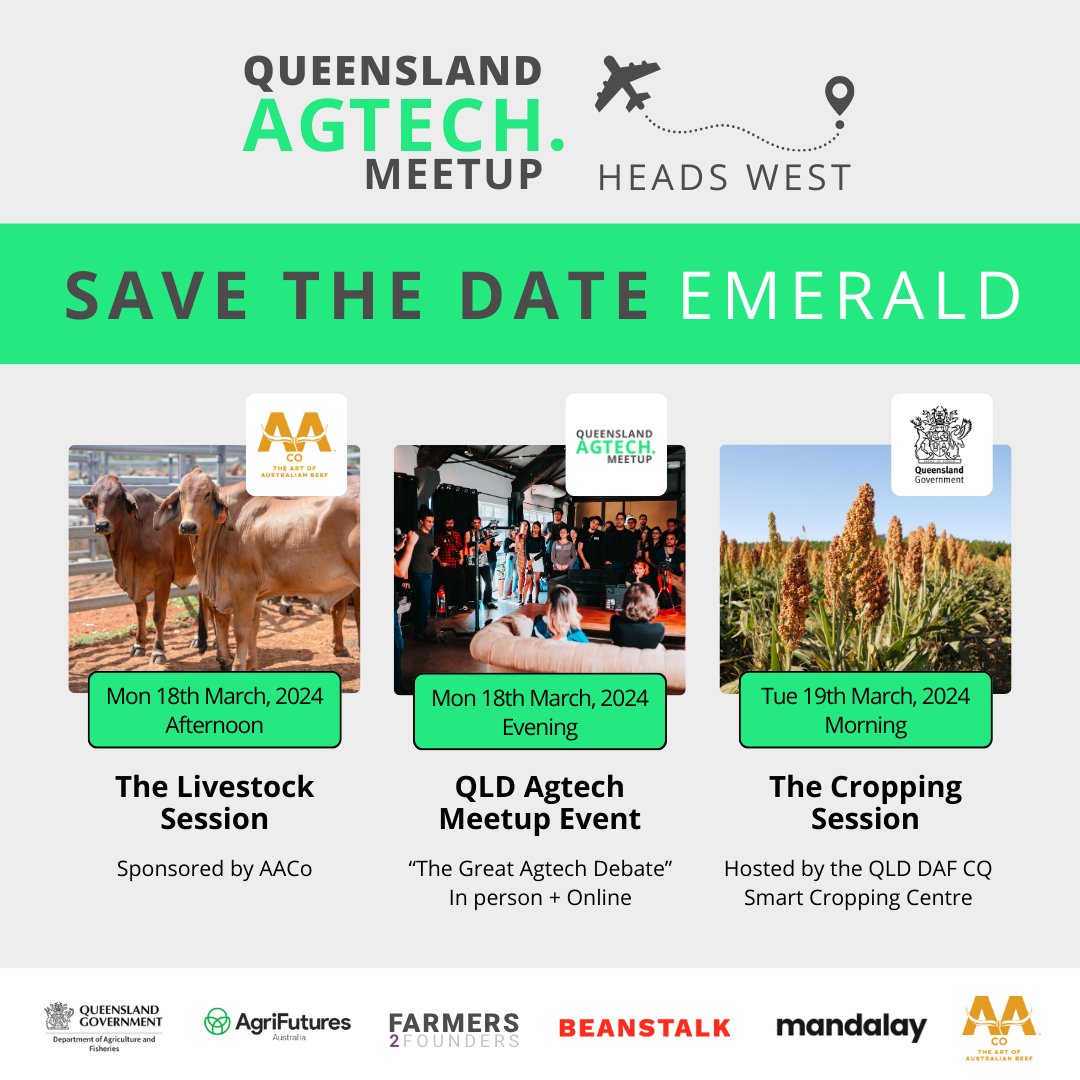 Qld #agtech Meet Up is heading west to Emerald!  📣Get this in your diaries people!  Combo of in person &amp; online participation over multiple sessions 18 &amp; 19 March 2024.  Detailed program info &amp; rego links to come - SAVE THE DATE ✅  Tell your mates! #agritech #agriculture
