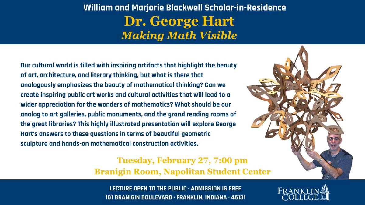 FCMathComputing's tweet photo. Please join us this Tuesday, February 27 at 7 pm for Dr. George Hart's "Making Math Visible" public presentation. All are welcome! https://t.co/zWFfBeaPuk