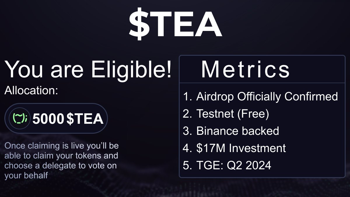 DeFi_Ariess's tweet photo. Officially Confirmed airdrop worth $42.5M — $TEA

Could the backing of Binance mean a potential listing? 🤔

Zero cost to join, but a chance to gain up to $5,000!

Don't miss out on securing your $TEA airdrop. Dive in now! 🧵👇 https://t.co/SNIvykPGaD