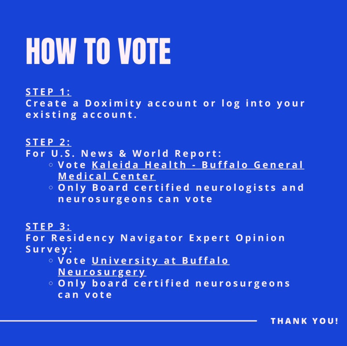 EladLevyMD's tweet photo. Here is some information that you may not know about @UB_Neurosurgery.  Help us shine in the @usnews and @doximity Residency Navigator by #Voting Today!  

Board certified #neurosurgeons and #neurologists: Please vote for us in the Doximity surveys to champion excellence in care & innovation.   See details on last slide.