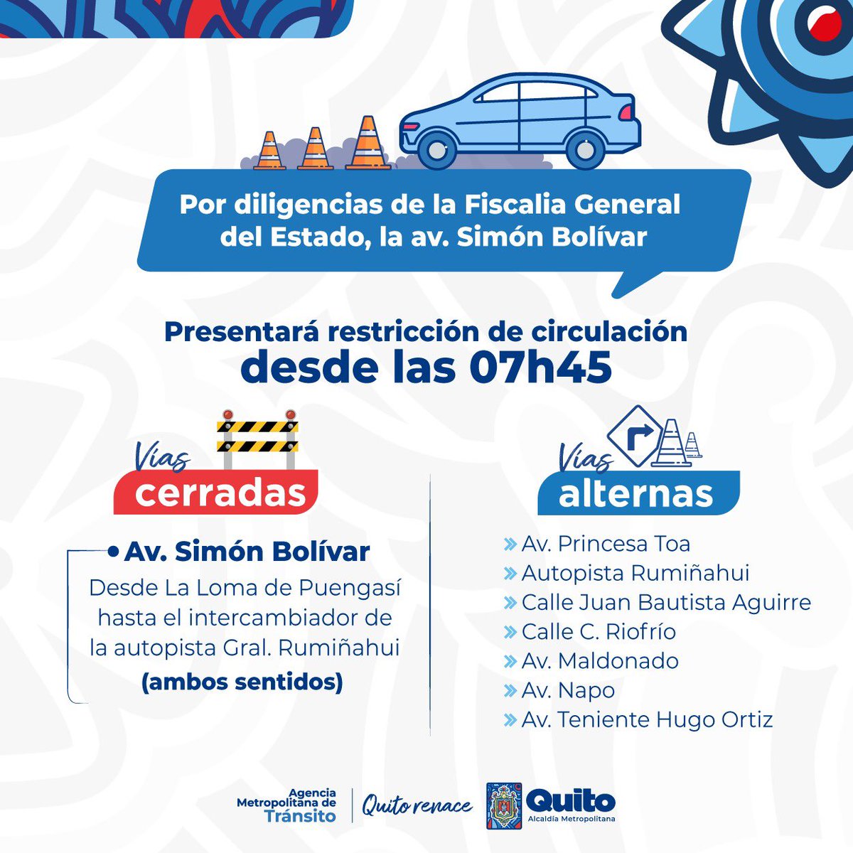 AMT_Quito's tweet photo. 🚨 #AMTInforma | ¡Atención! Infórmate sobre la restricción de circulación vehicular programada por parte de la FGE para este martes 27 de febrero en la av. Simón Bolívar. 👇🏼

🫡 Gestionaremos el tránsito e informaremos en tiempo real el estado de la vía. 

#QuitoRenace https://t.co/0tPPv9LIor