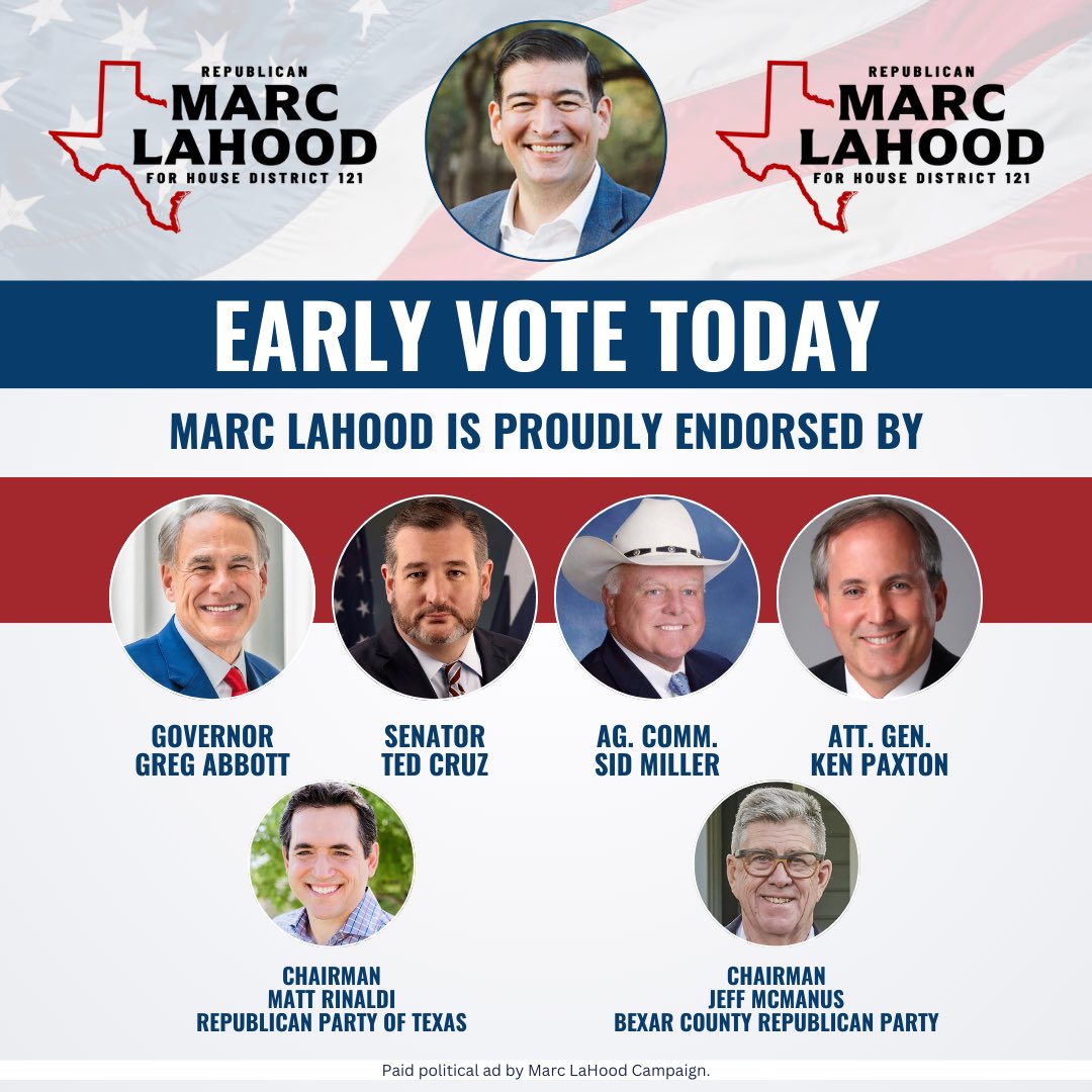 LaHood4Texas's tweet photo. I’m proud of my strong Republican endorsements, @GregAbbott_TX, @tedcruz, @KenPaxtonTX, @MillerForTexas, @MattRinaldiTX, &amp; Jeff McManus! House District 121 deserves a true conservative champion and I humbly ask for your vote! Early voting runs through March 1st. #txlege #HD121 🗳️ https://t.co/LroP0zVtAk