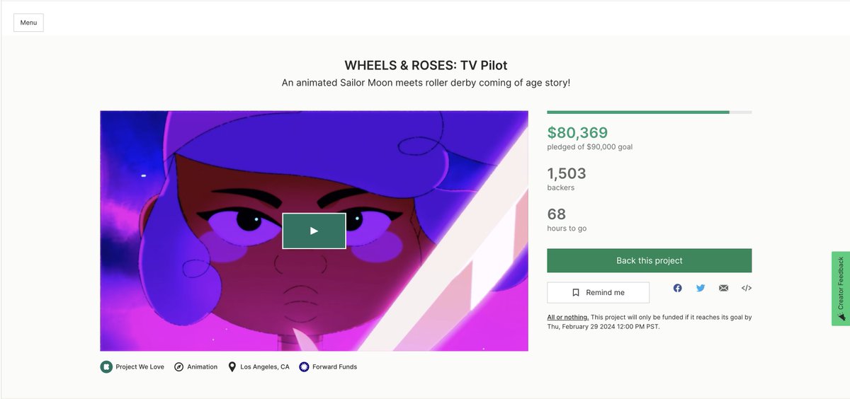 I AM HYPERVENTILATING‼️‼️‼️ WE'VE HIT 80K‼️ PLEASE KEEP PLEDGING TO OUR @Kickstarter💸 SHARE THIS POST❤️‍🔥 LET'S GET THIS BLACK MAGICAL GIRL SHOW MADE🛼 #indieanimation #WHEELSANDROSES
