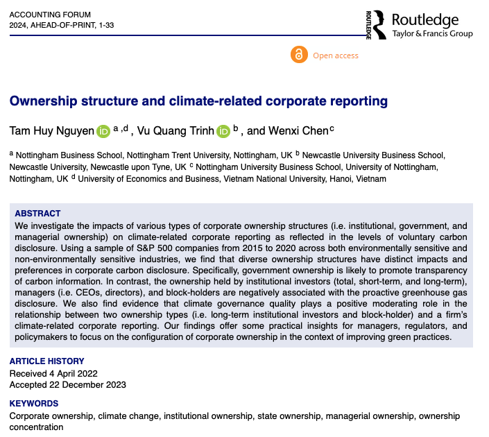 📢Hot Off the Press in #AccForum: #Ownership structure and #climate-related #corporate #reporting by Tam Huy Nguyen, Vu Quang Trinh & Wenxi Chen @NottmTrentUni @UniofNewcastle @NottmUniBschool @tandfonline #climatechange tandfonline.com/doi/full/10.10…