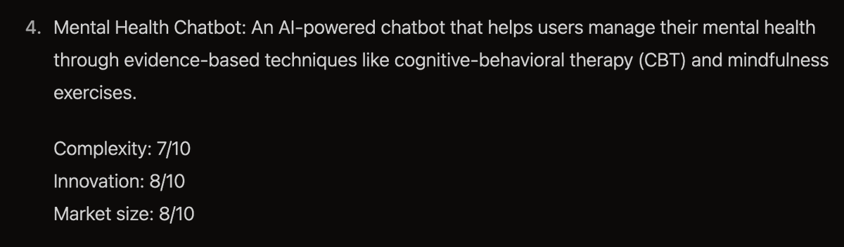 PSpende's tweet photo. @levelsio Just tested out https://t.co/758201aEhl with the prompt:

Give me 10 startup ideas and rate them on complexity of implementation, innovation and market size

and it picked that exact idea :D seems like its a quite good brainstorming partner https://t.co/JFQZoxIWaL