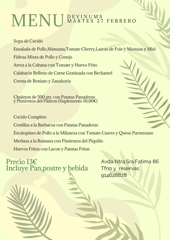devinums_Rest's tweet photo. Menu Martes 27 Febrero.
Reservas 914628828. https://t.co/kNNWYP2Wmq