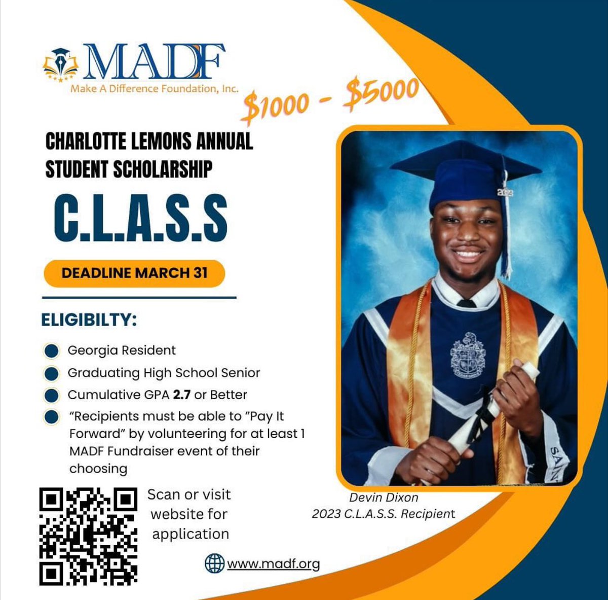 C.L.A.S.S. is now in session. Georgia High School Seniors, let us help you graduate college #debtfree. Deadline to apply is March 31, 2024. Don’t be late to C.L.A.S.S. #madf #classaward #schloarshipopportunities #debtfreedegree