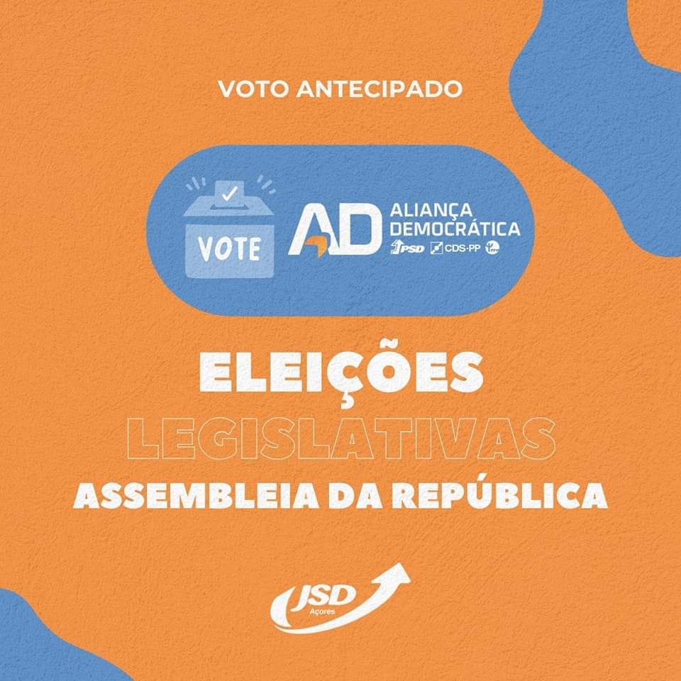 jsdacores's tweet photo. VOTO ANTECIPADO 🗳️

Pretendes votar antecipadamente nas próximas eleições legislativas para a Assembleia da República? 

Realiza o teu voto no dia 3 de março. Para o fazeres, inscreve-te, entre o dia 25 e 29 de fevereiro, em https://t.co/V5ZQFJaFlc 

#JSDAçores #Legislativas2024 https://t.co/nIIuSZVH8G